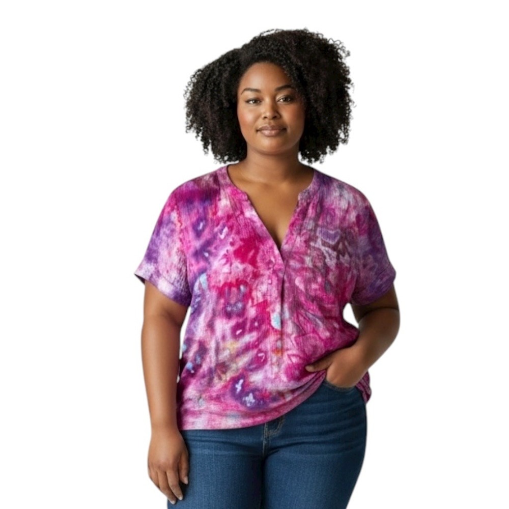 J. Crew XL Top Handmade Tie Dye Gauzy‎ Boxy Tunic Purple Short Sleeve Boho 1745